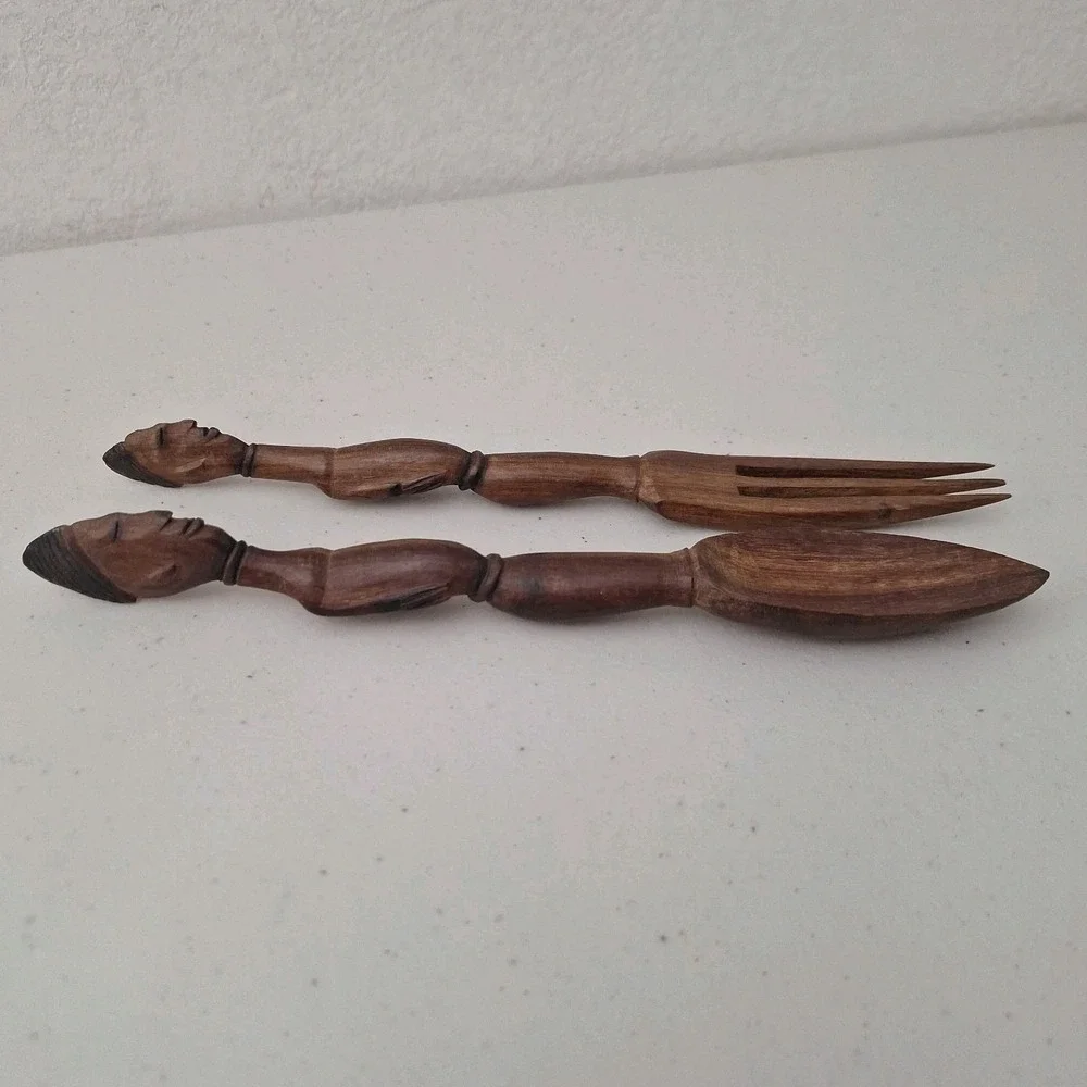 Vintage African Hand Carved Wooden Tribal Man and Woman Servers Utensils 10